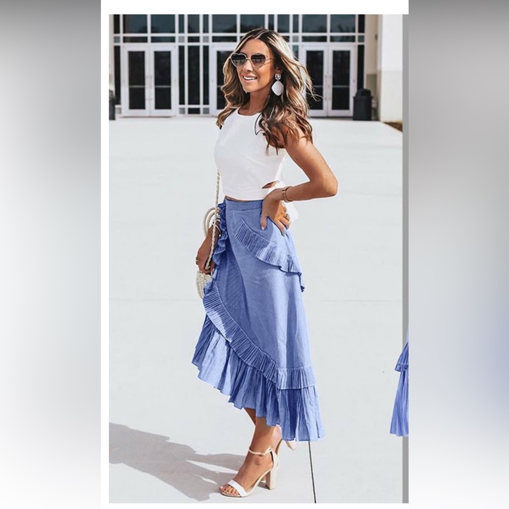 Chicwish Blue Wrap Midi Skirt with Ruffled Tiers